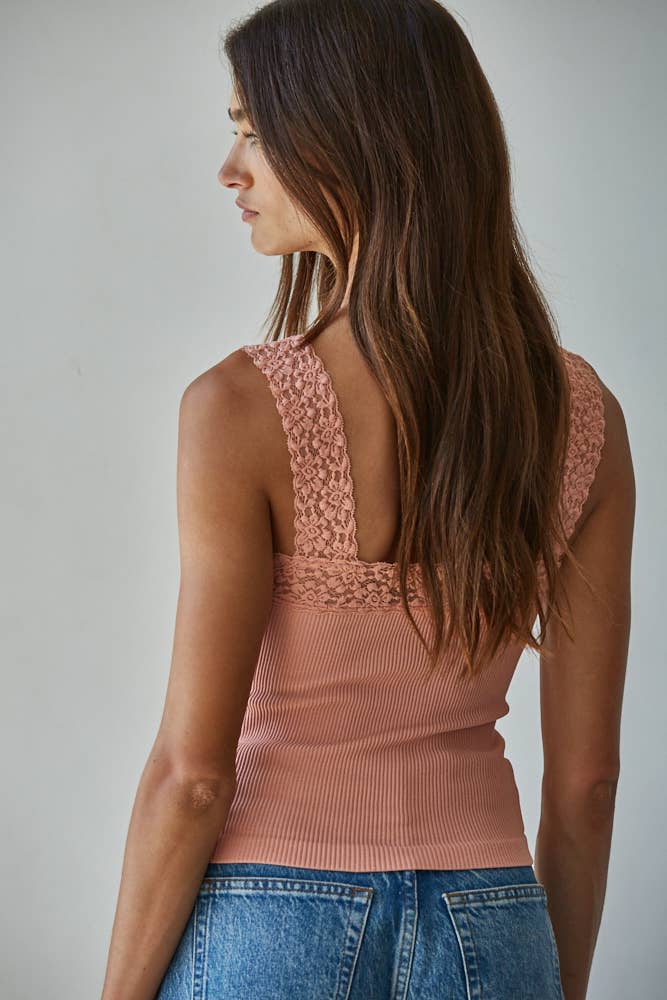 Knit Seamless Ribbed Tank Top with Lace Trim