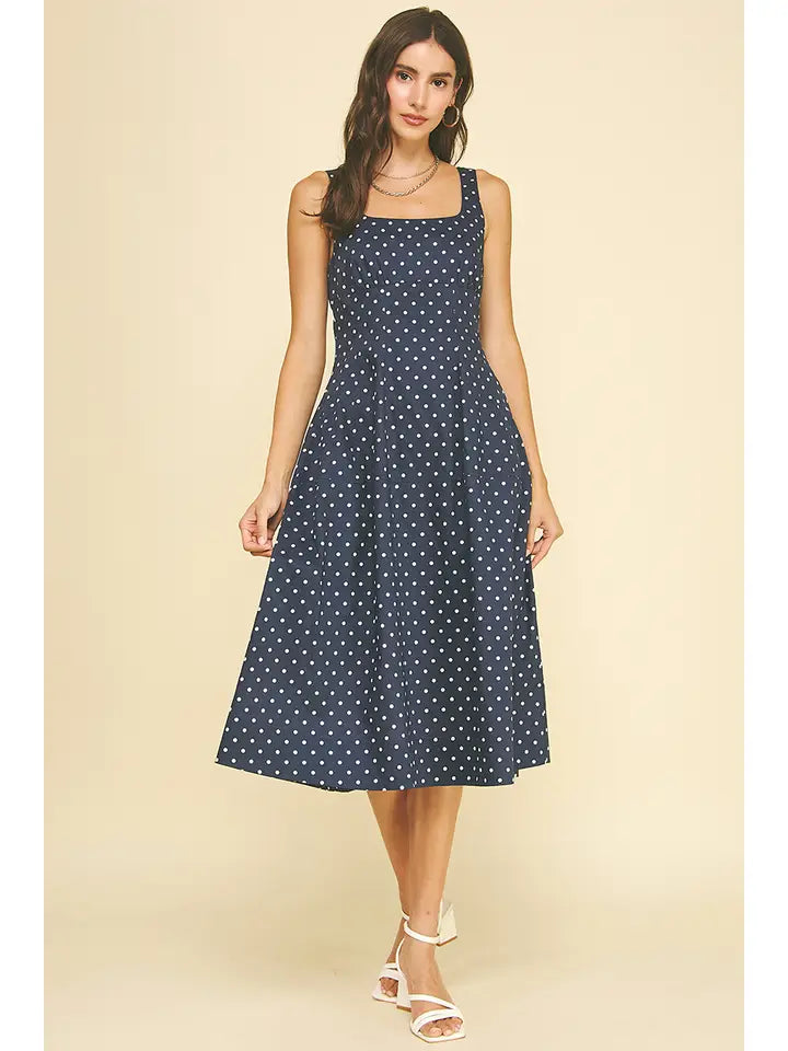 PINCH Polka Dot Flared Midi Dress - Navy & White A-Line Summer Gown Cedar & Thread PINCH Polka Dot Flared Midi Dress - Navy & White A-Line Summer Gown Cedar & Thread