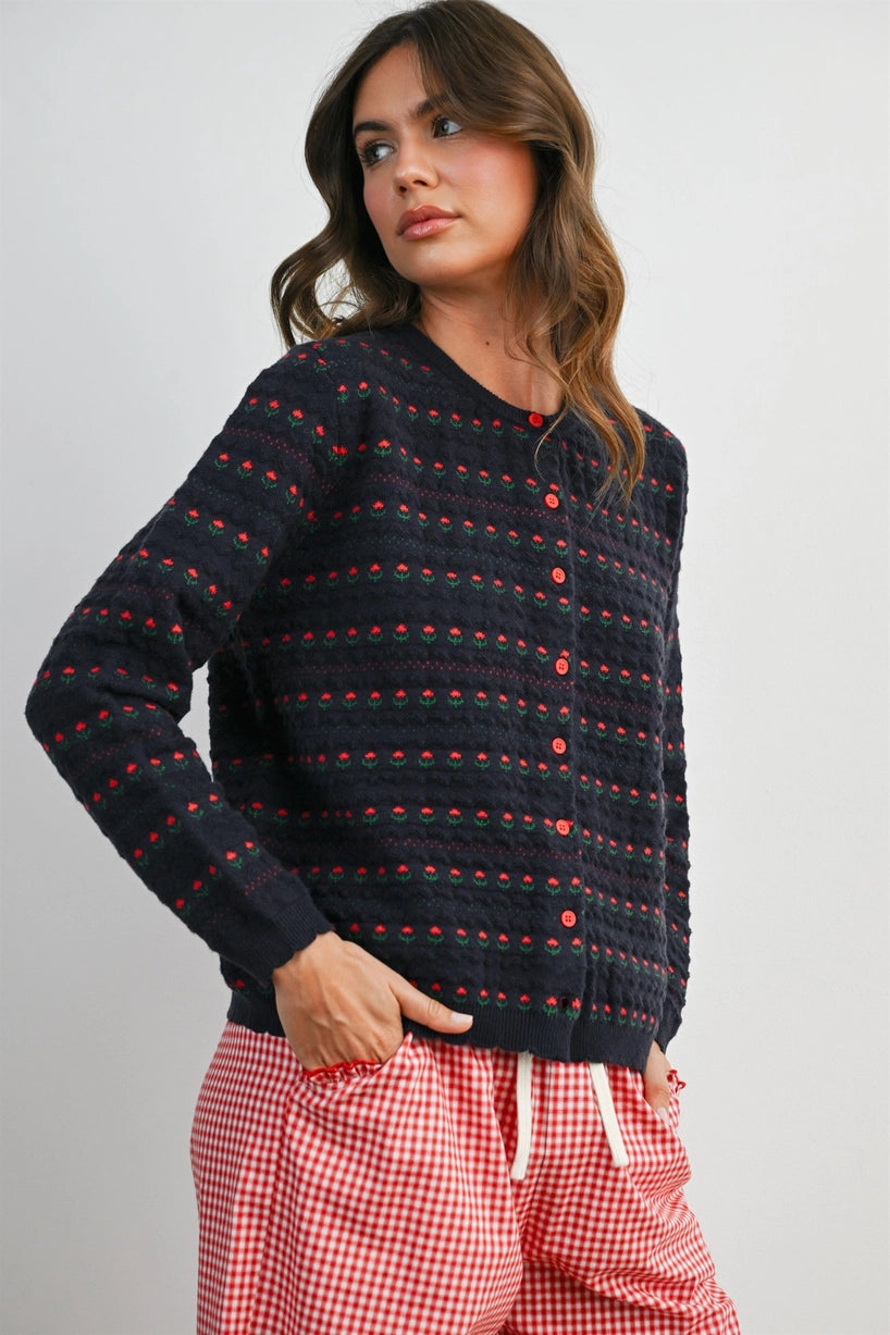 Navy Floral Button-Front Cardigan