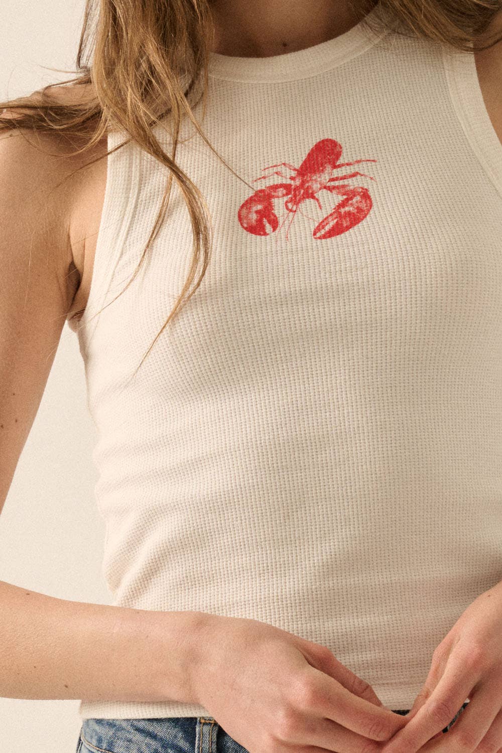 Promesa USA Lobster Graphic Tank Top - Ivory Waffle Knit Racerback