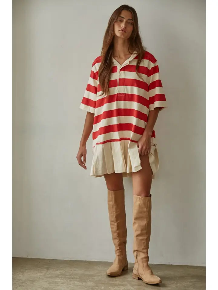 Knit Cotton Striped Collared Contrast Pleats Mini