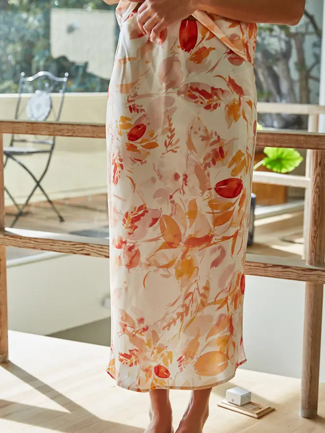 By Together Floral Midi Skirt - Ivory Orange Elastic Waist Skirt