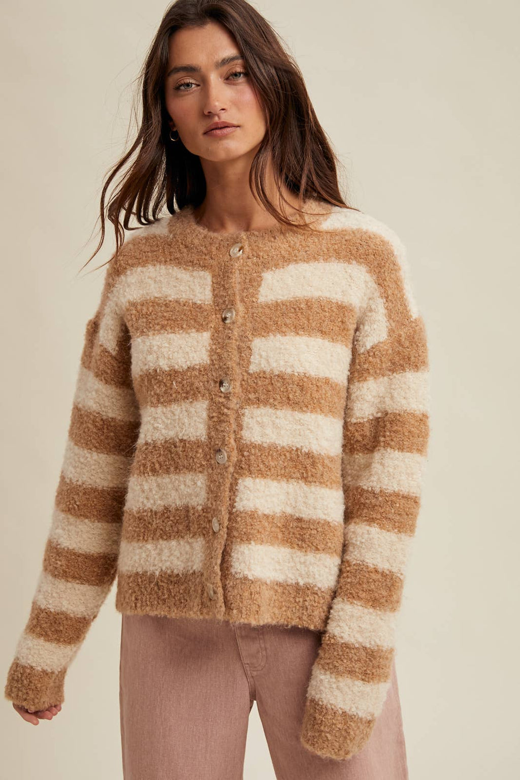 BRUSHED STRIPED BUTTON-UP CARDIGAN