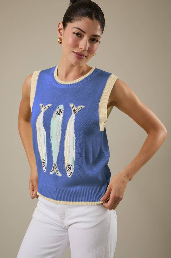 ROUND NECK 'FISH' GRAPHIC SWEATER VEST