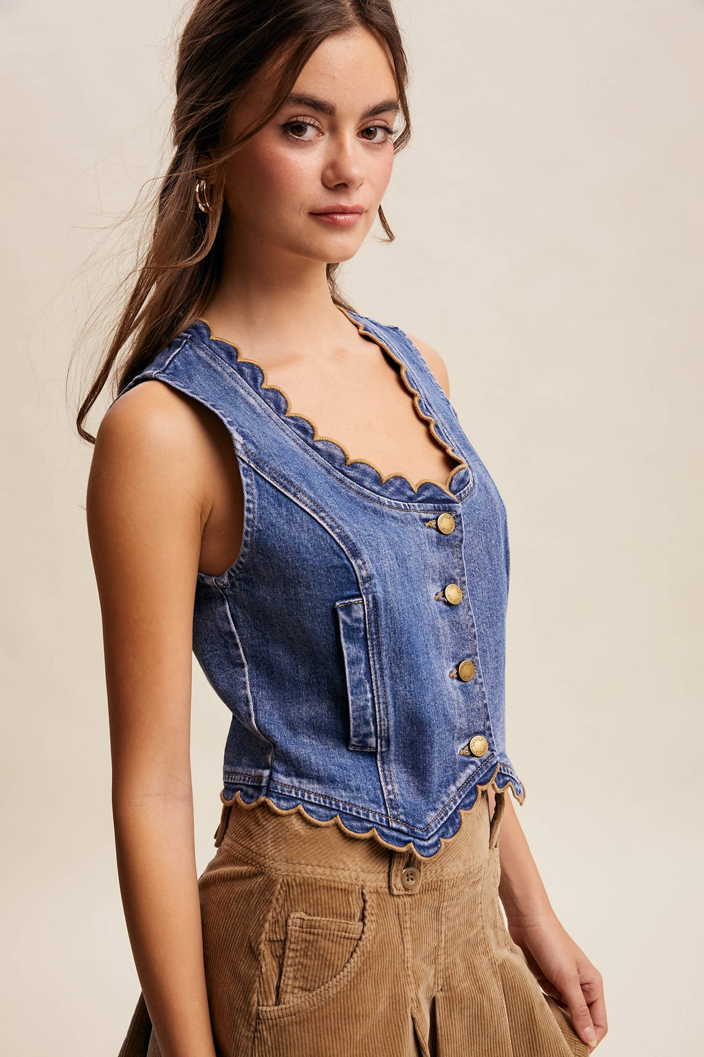 Scallop Trim Stretch Denim Vest