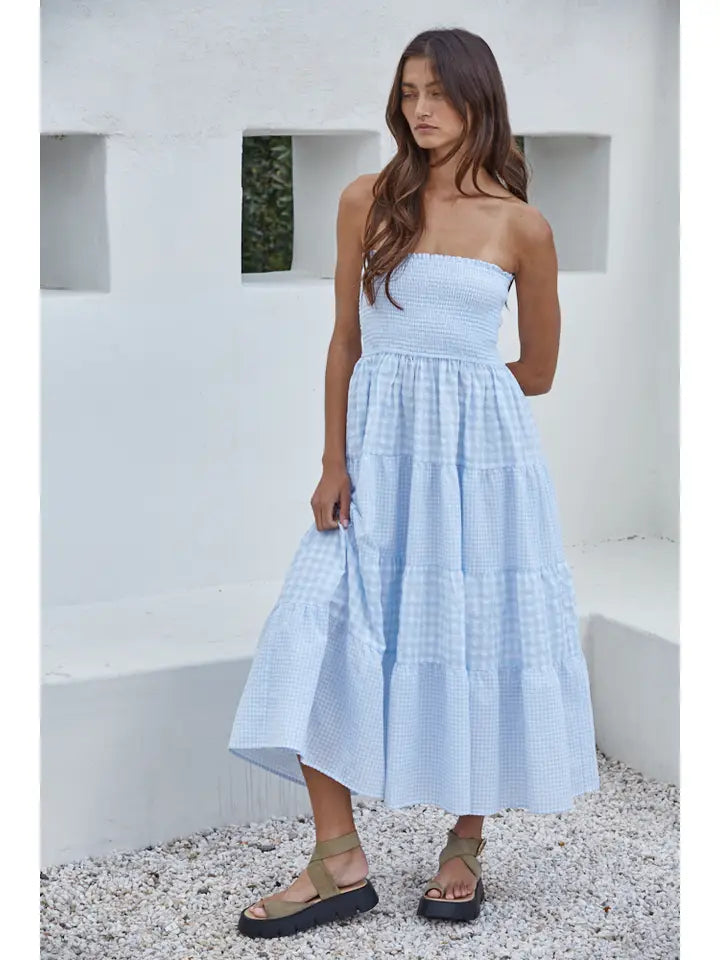 By Together Light Blue Gingham Midi Dress - Smocked Waist Sun Dress