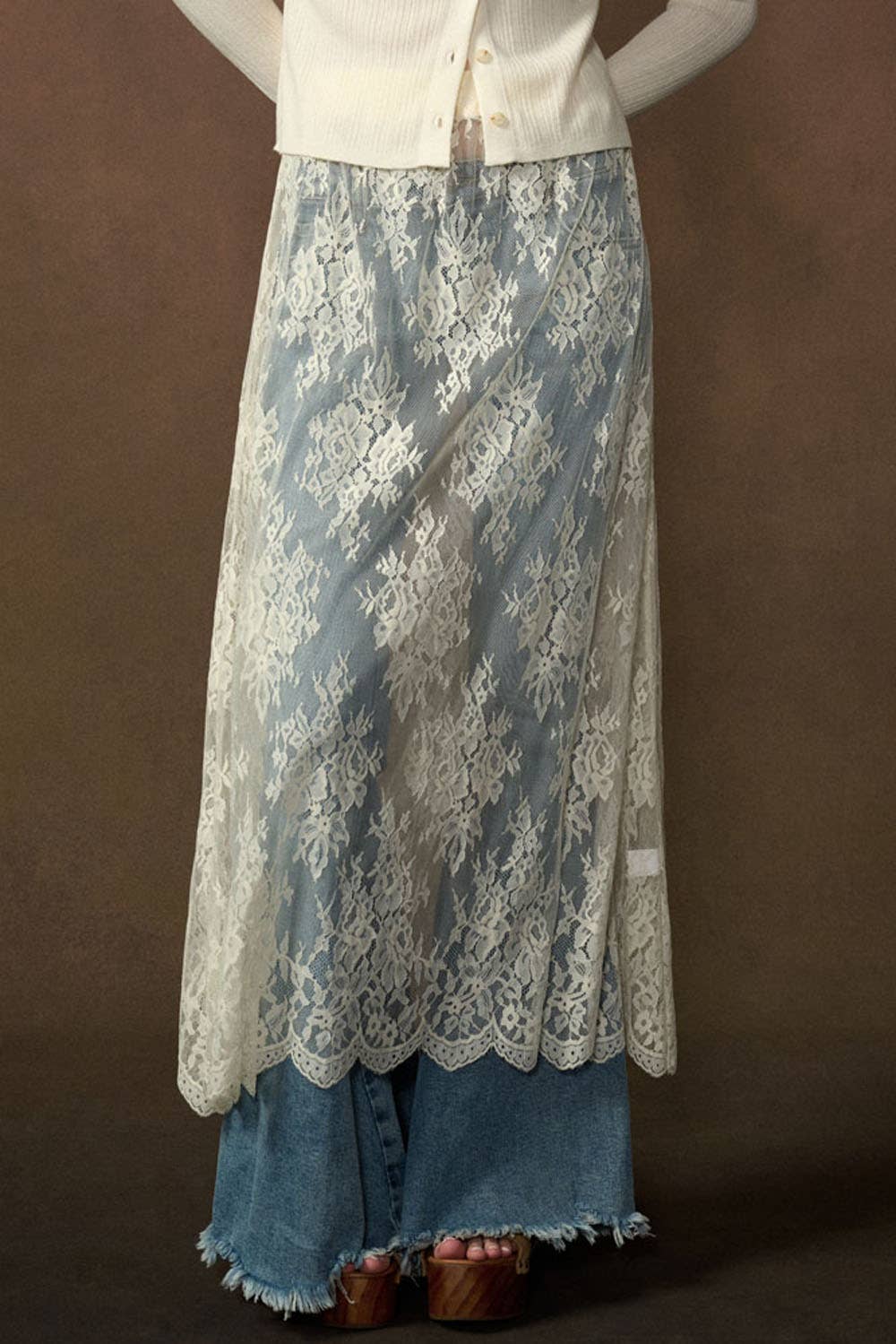 Sheer Floral Lace Layering Midi Skirt