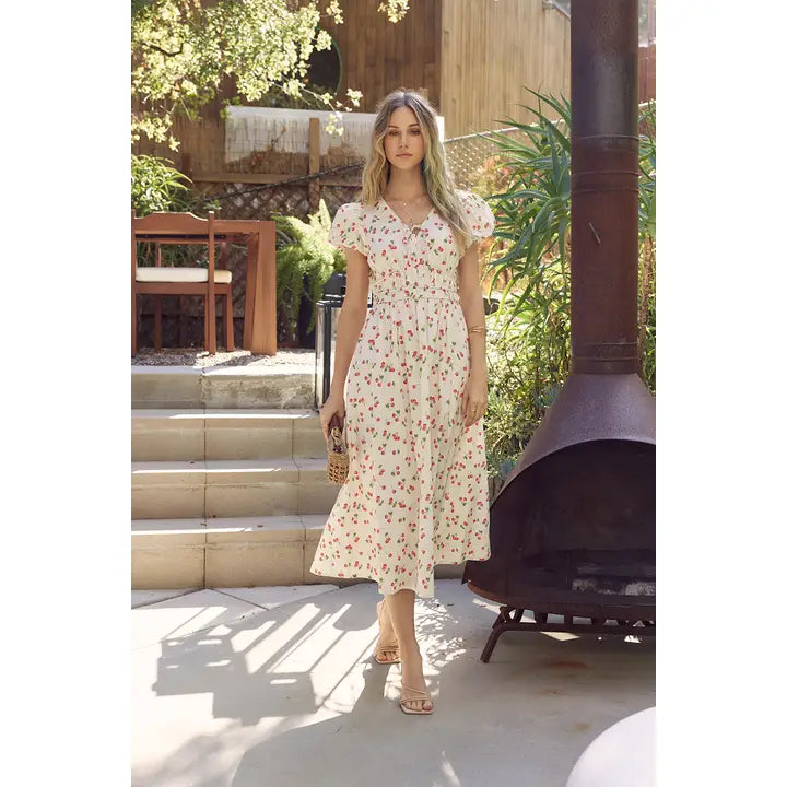 PLAYFUL PREPPY CHARM OF FRUIT PRINTED PUFF SLEEVE MIDI DRESS