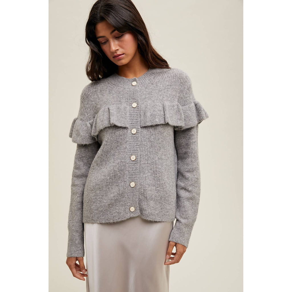 BRUSHED BUTTON-UP FRILL SWEATER CARDIGAN