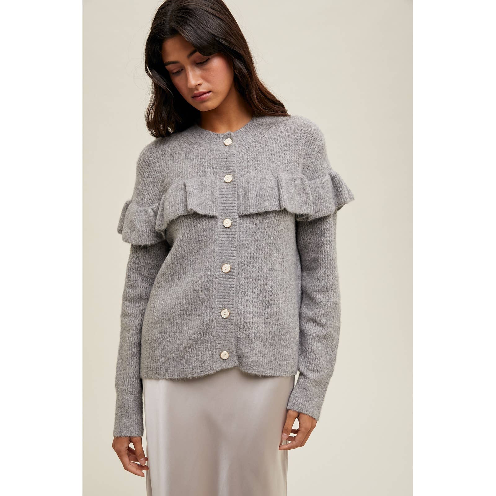 BRUSHED BUTTON-UP FRILL SWEATER CARDIGAN
