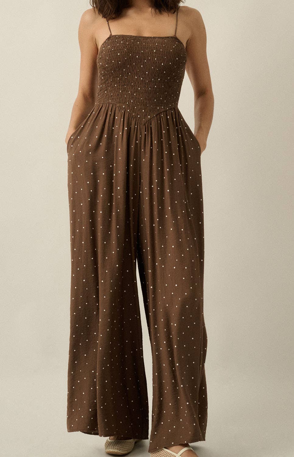 Polka Dot-Print Smocked Wide-Leg Pocket Cami Jumpsuit