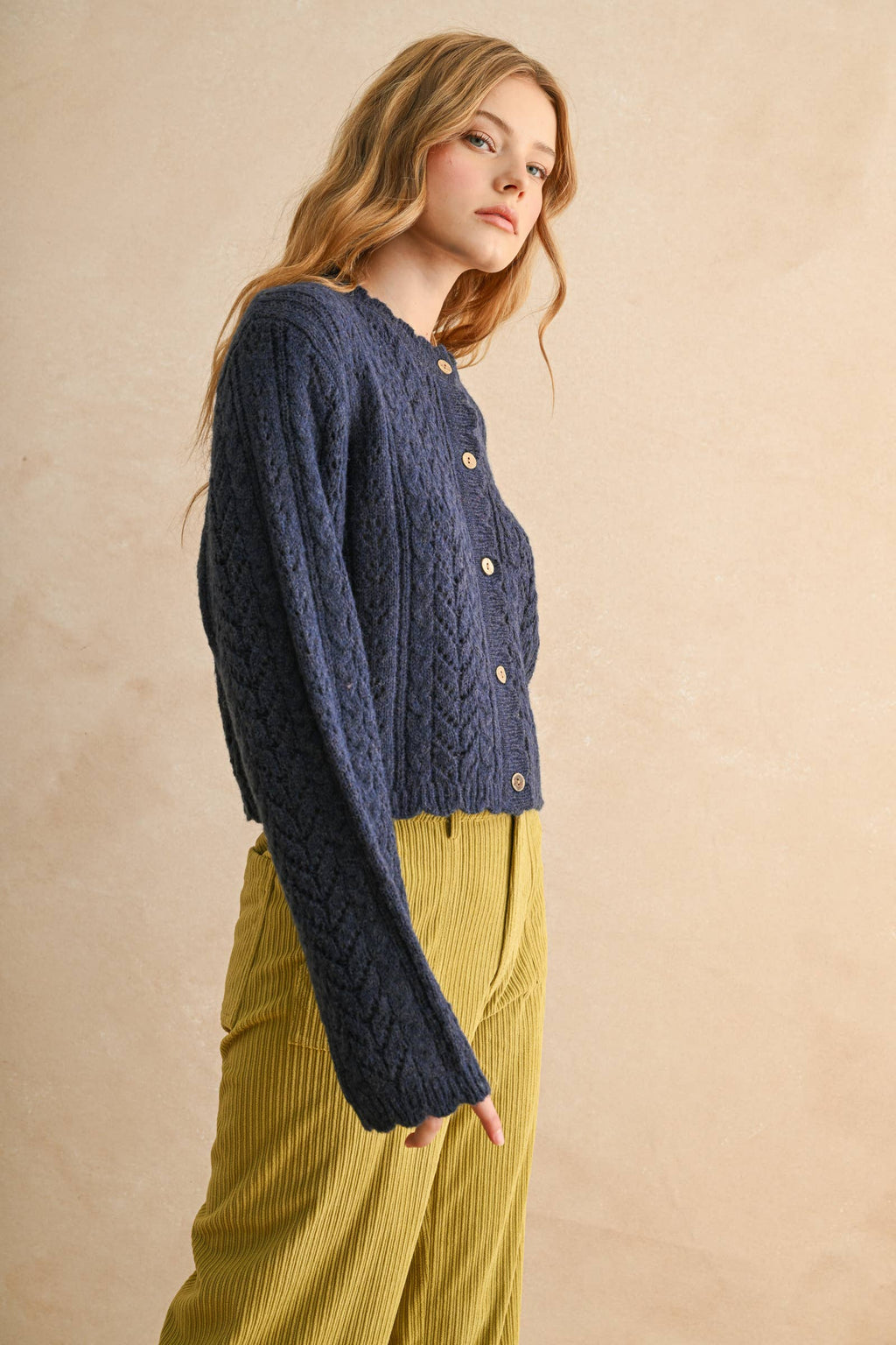 LIGHT WEIGHT BUTTON FRONT CABLE KNIT CARDIGAN