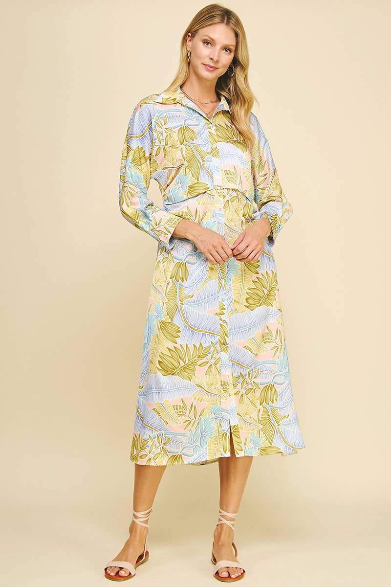 PRINT BUTTON DOWN MIDI DRESS