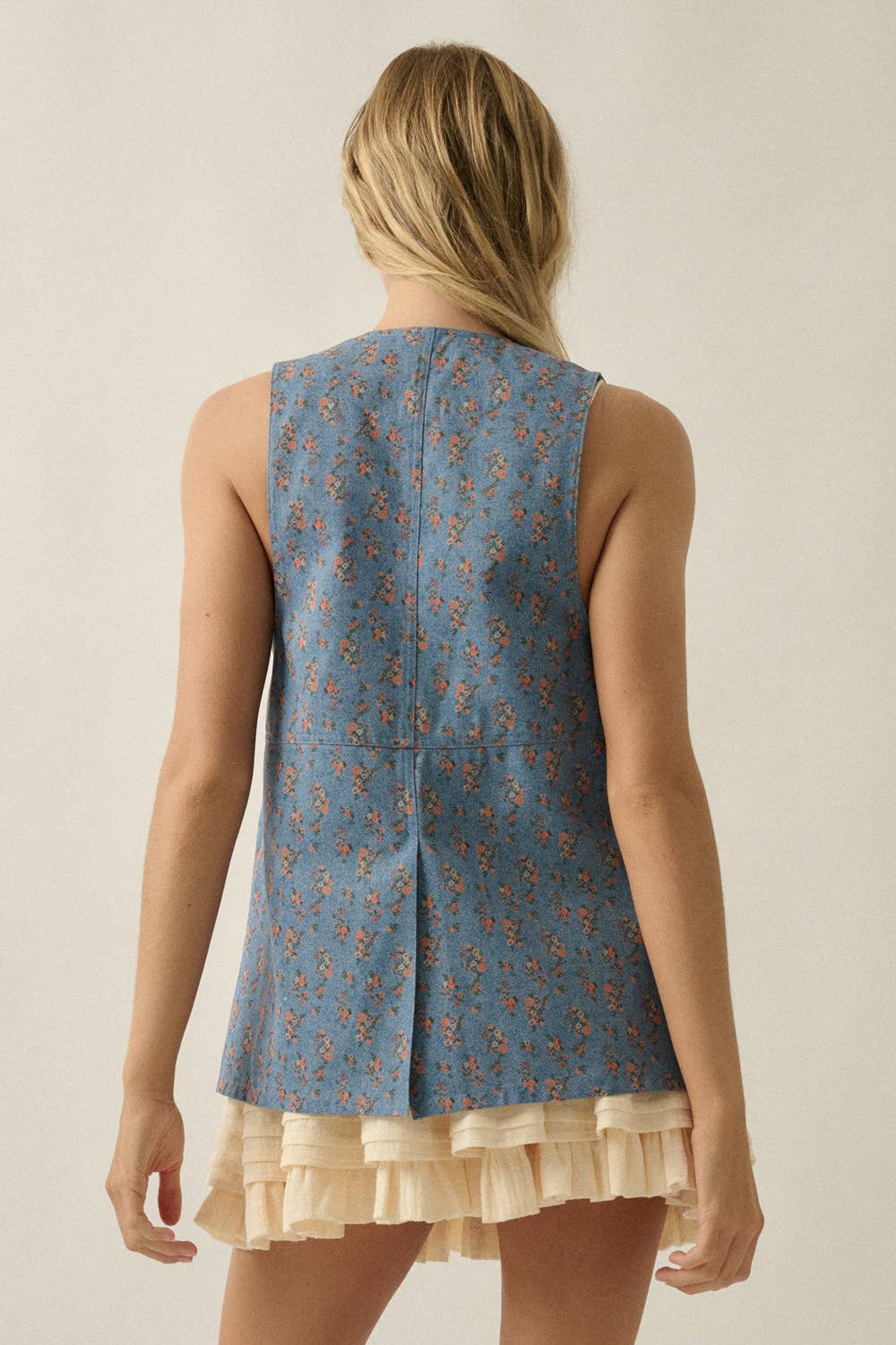 Floral-Print Denim Snap-Front Vest