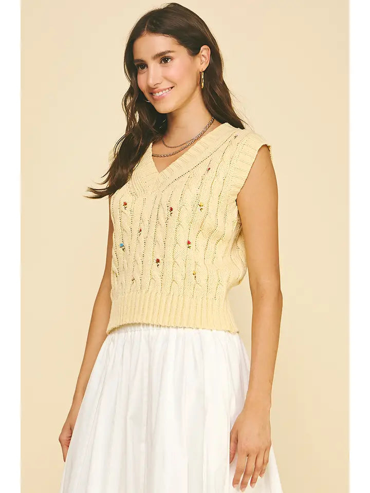 Floral Embroidered Cable Knit Sweater Vest