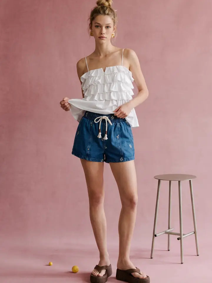 Washed Denim With Floral Embroidered Drawstring Short