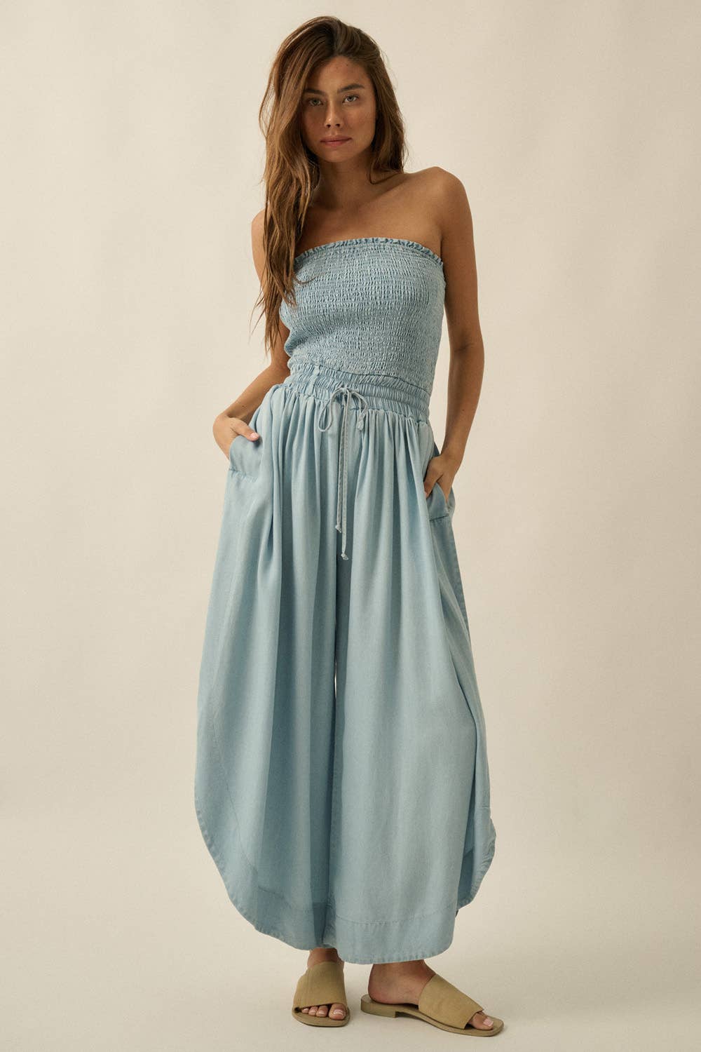 Tencel Denim Smocked Strapless Tulip-Leg Pocket Jumpsuit