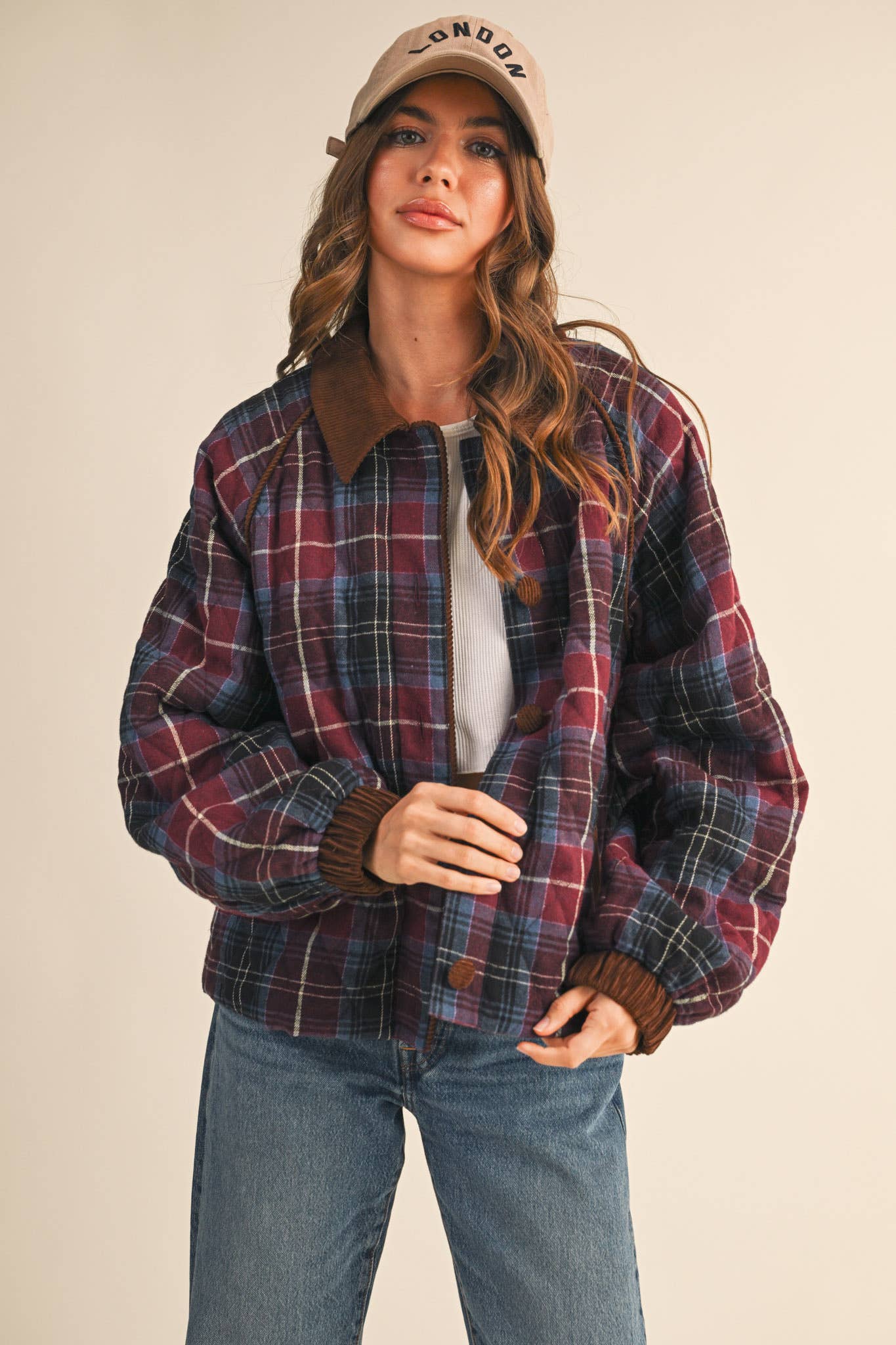 PLAID QUILTED JACKET WITH CONTRAST CORDUROY DETAIL MJK4115