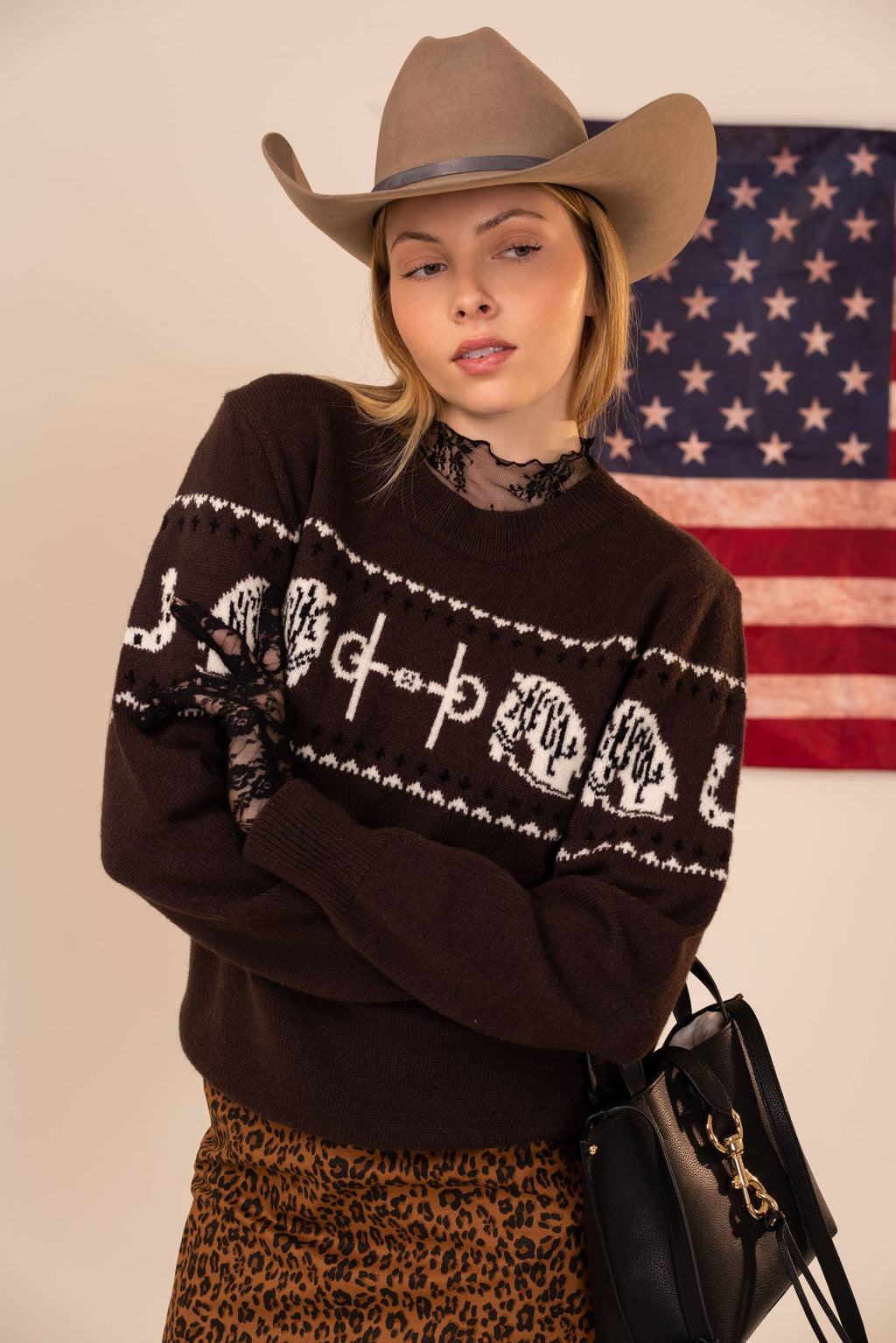 Horse Pattern Crew Neck Western Sweater