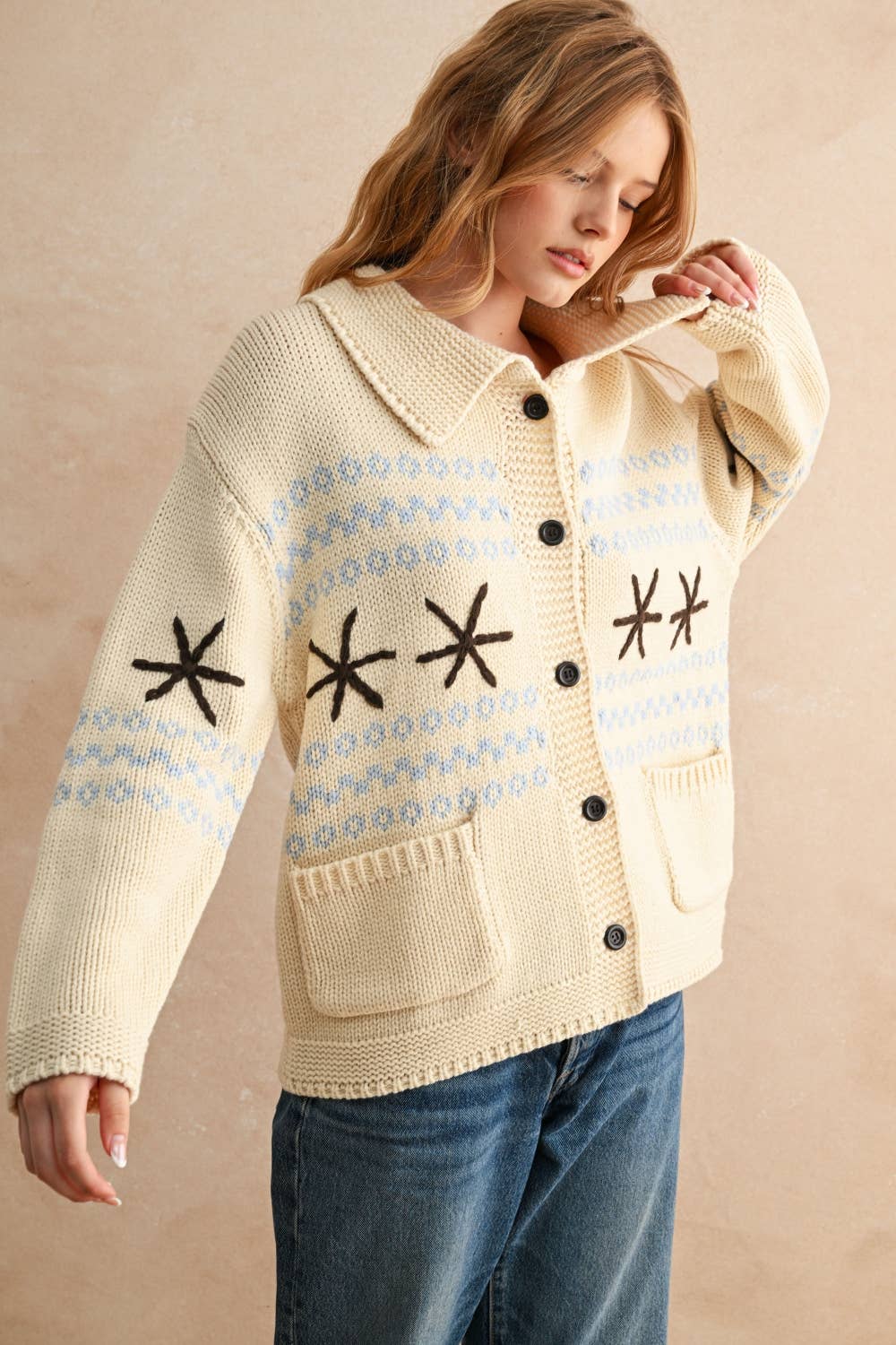 SNOW FLAKE PATTERN BUTTON FRONT SWEATER JACKET