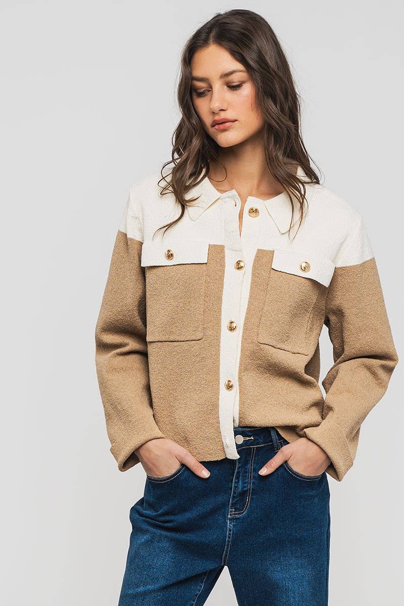 Colorblock Button-Up Cropped Coat