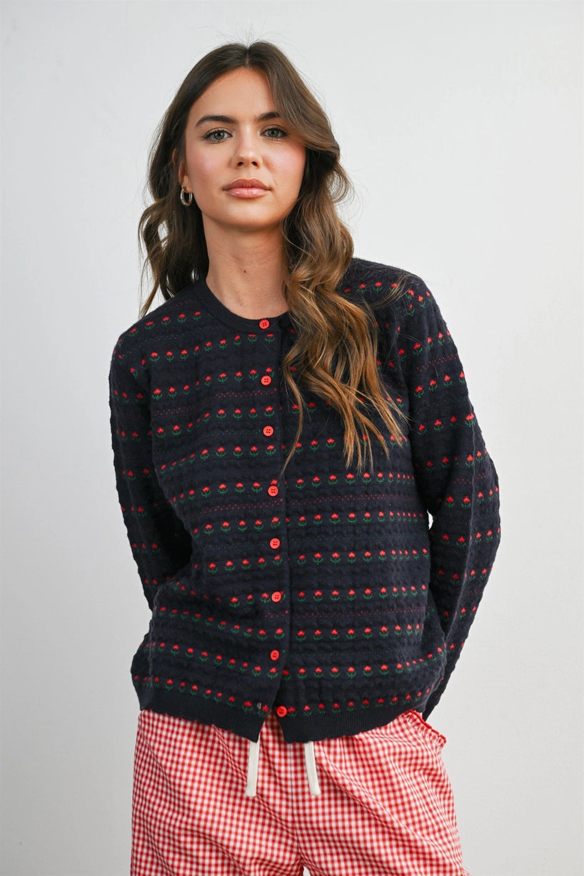 Navy Floral Button-Front Cardigan