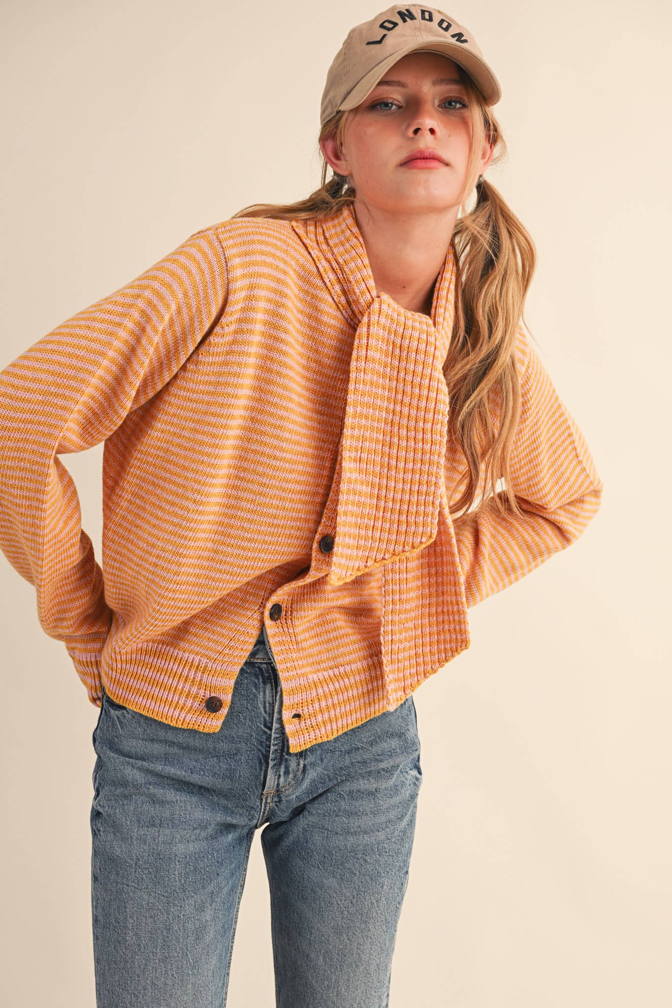 STRIPED TYING NECK SWEATER CARDIGAN MSW11125