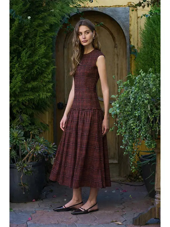 Smocked Top Plaid Midi Dress