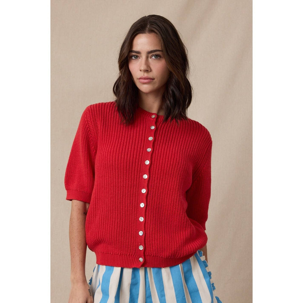 PUFF SLEEVE BUTTON-UP SWEATER TOP