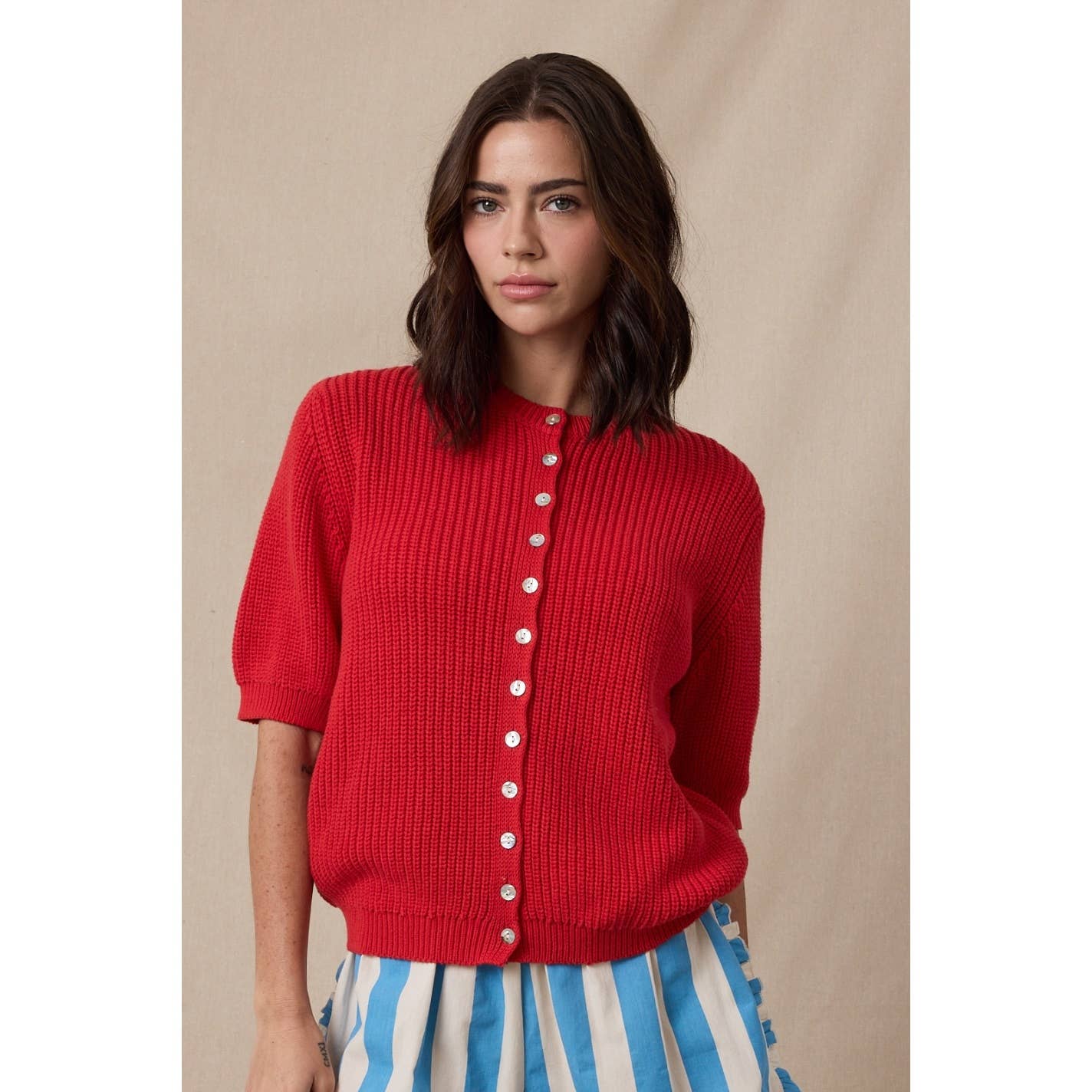 PUFF SLEEVE BUTTON-UP SWEATER TOP