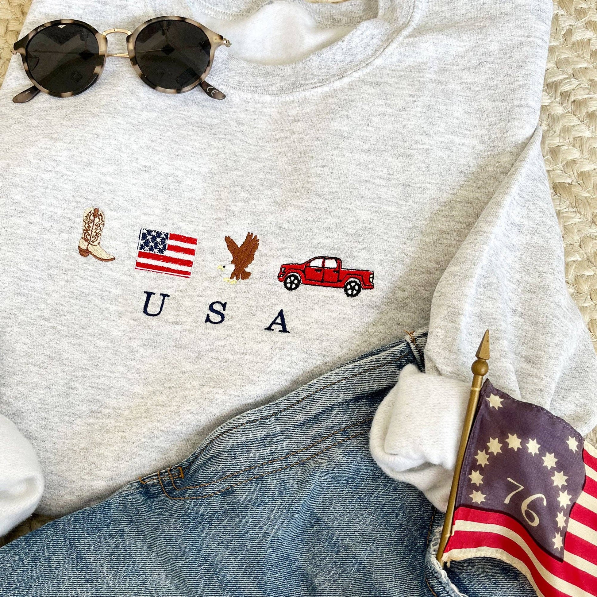 USA Embroidered Icons Crewneck Sweatshirt - Patriotic Western Pullover