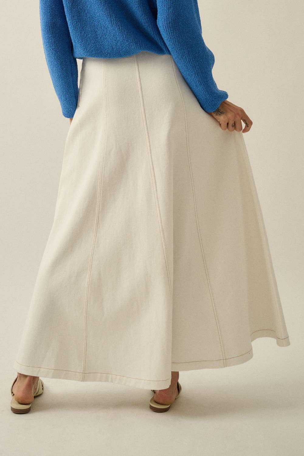 Twill Denim Paneled A-Line Maxi Skirt