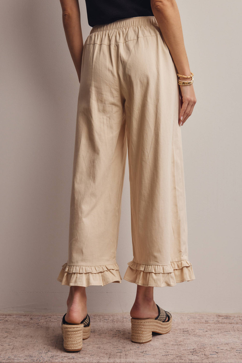 High-Waisted Wide-Leg Boho Pants with Ruffle Hem