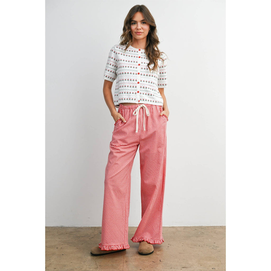 Gingham Ruffle Hem Cropped Pants