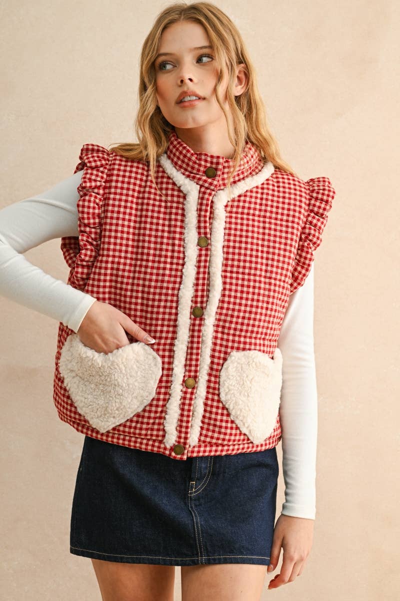 GINGHAM PATTERN SHERPA POCKET VEST
