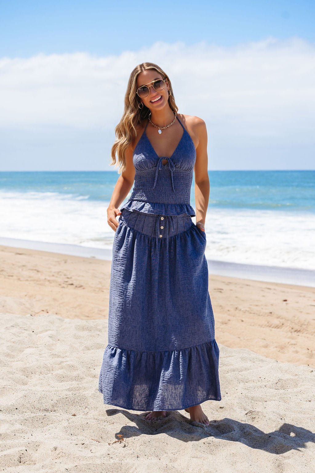 Denim Smocked Ruffle Halter Tank Top - FINAL SALE