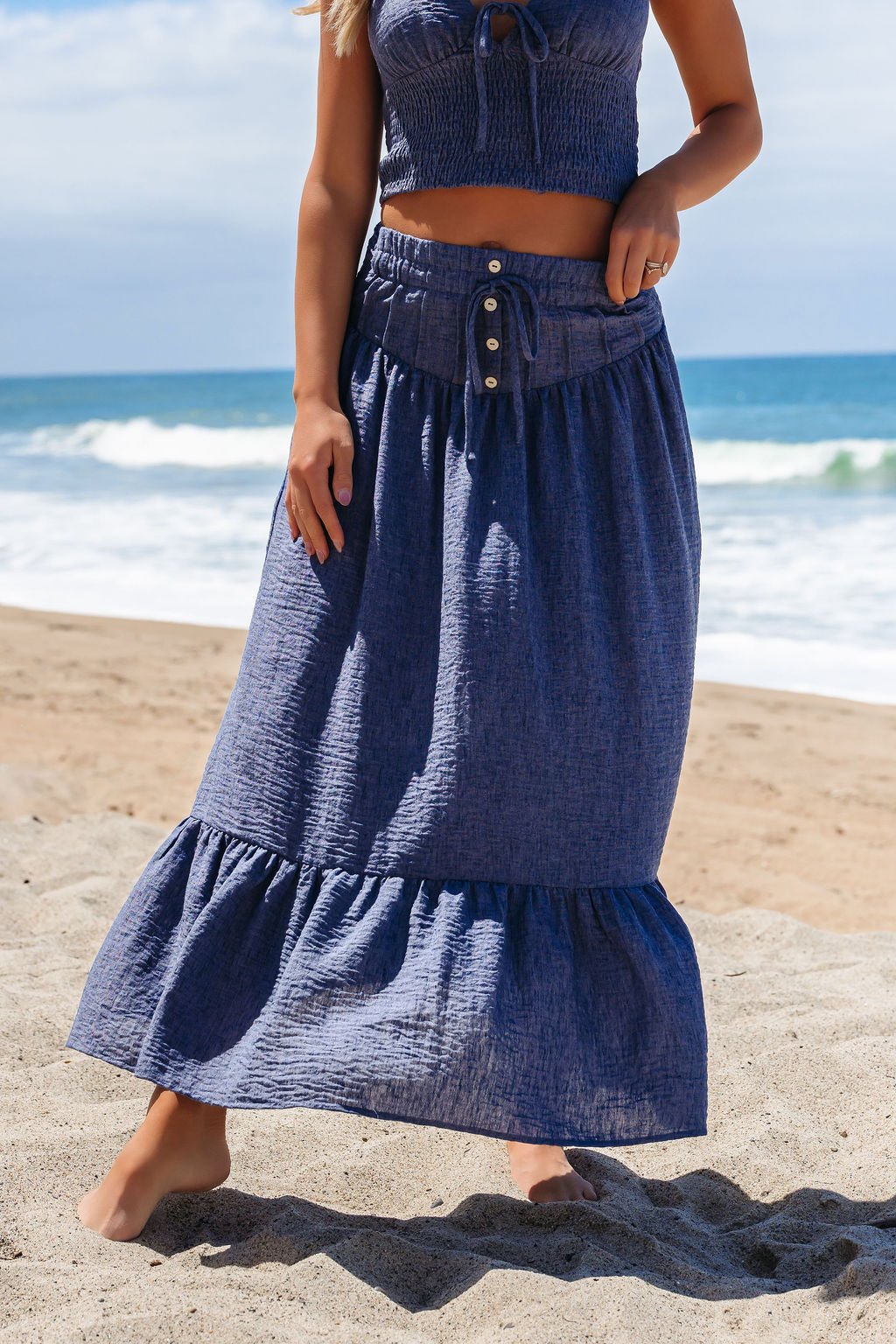 Denim Smocked Ruffle Tiered Maxi Skirt - DOORBUSTER