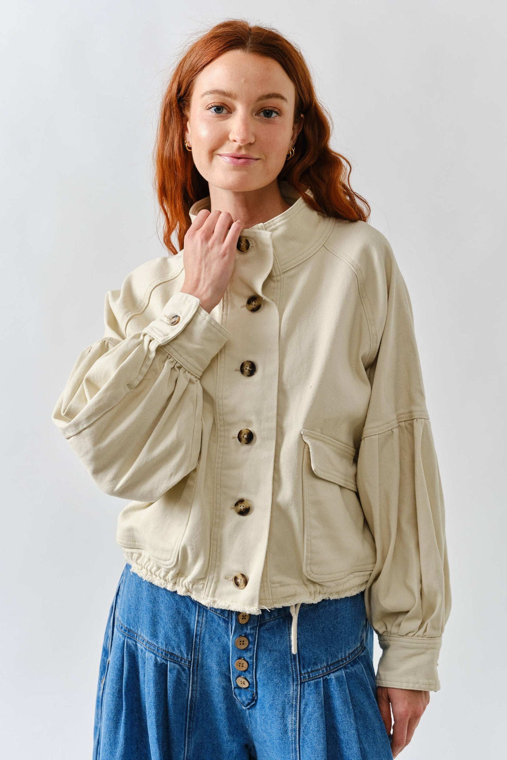 MAJ3306 BALLON SLEEVE TWILL JACKET DRAWSTING WAIST