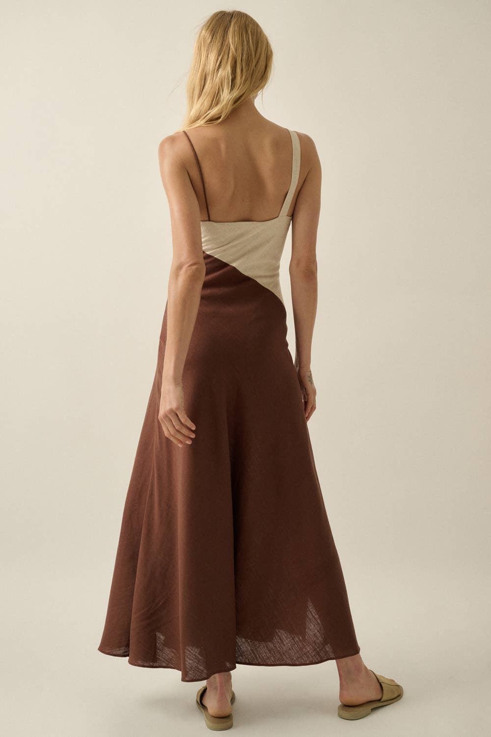 Colorblock Linen-Blend Asymmetrical Draped Maxi Dress