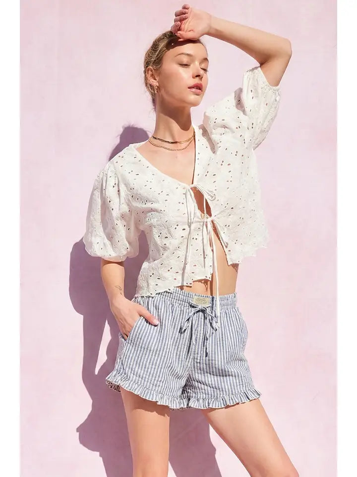 STRIPED COTTON RUFFLE SHORTS