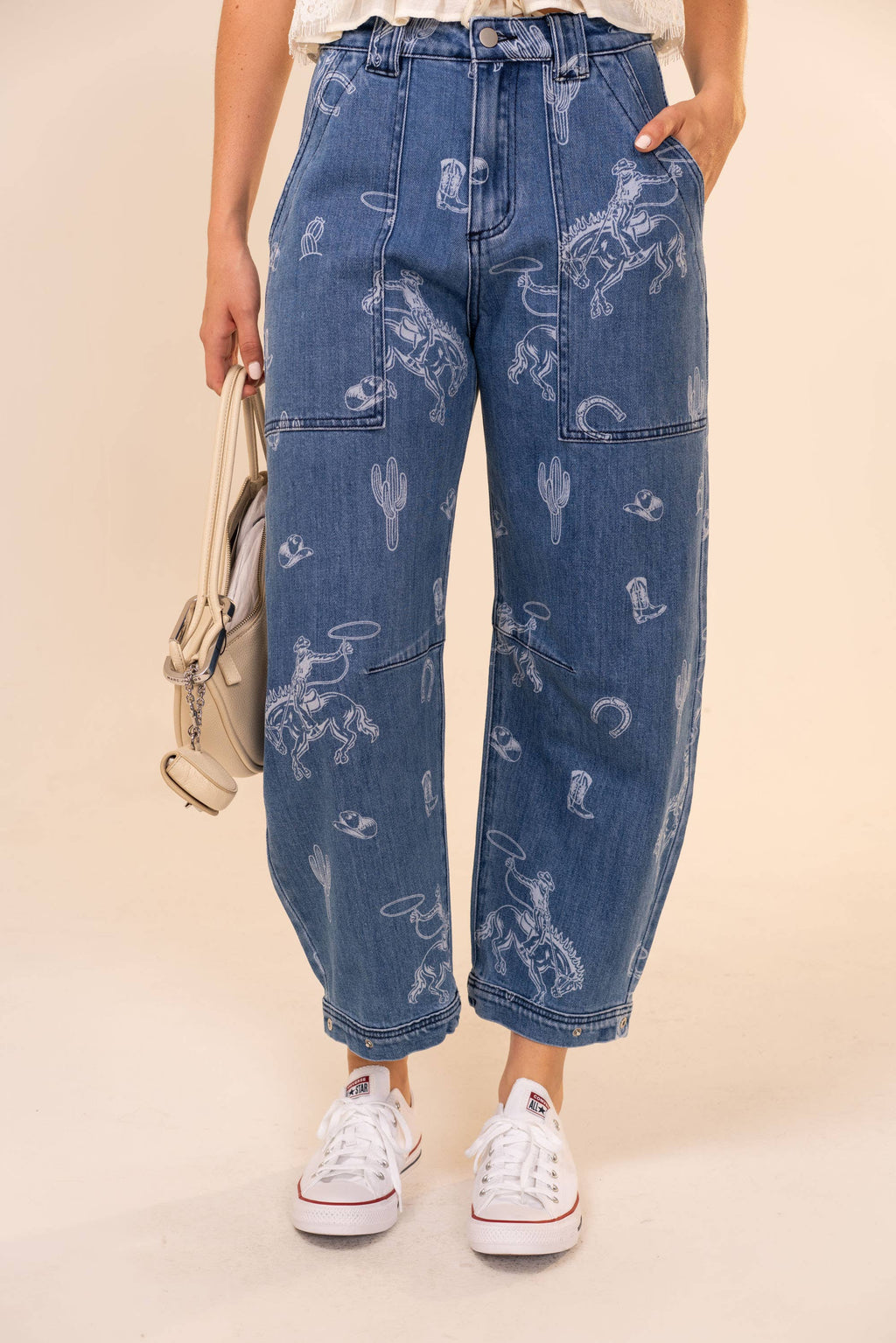Western Print Barrel Leg Denim Jean