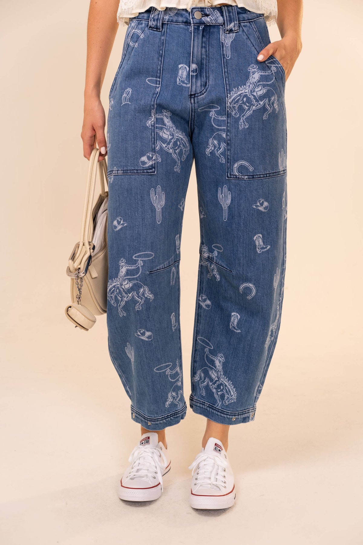 Western Print Barrel Leg Denim Jean
