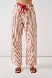 Barrel Denim Pants with Eyelet Waist - CREAM / RUST STRIPE