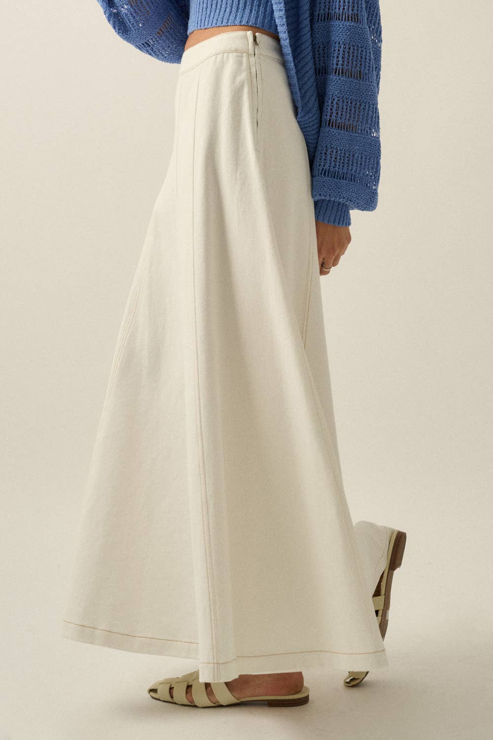 Twill Denim Paneled A-Line Maxi Skirt