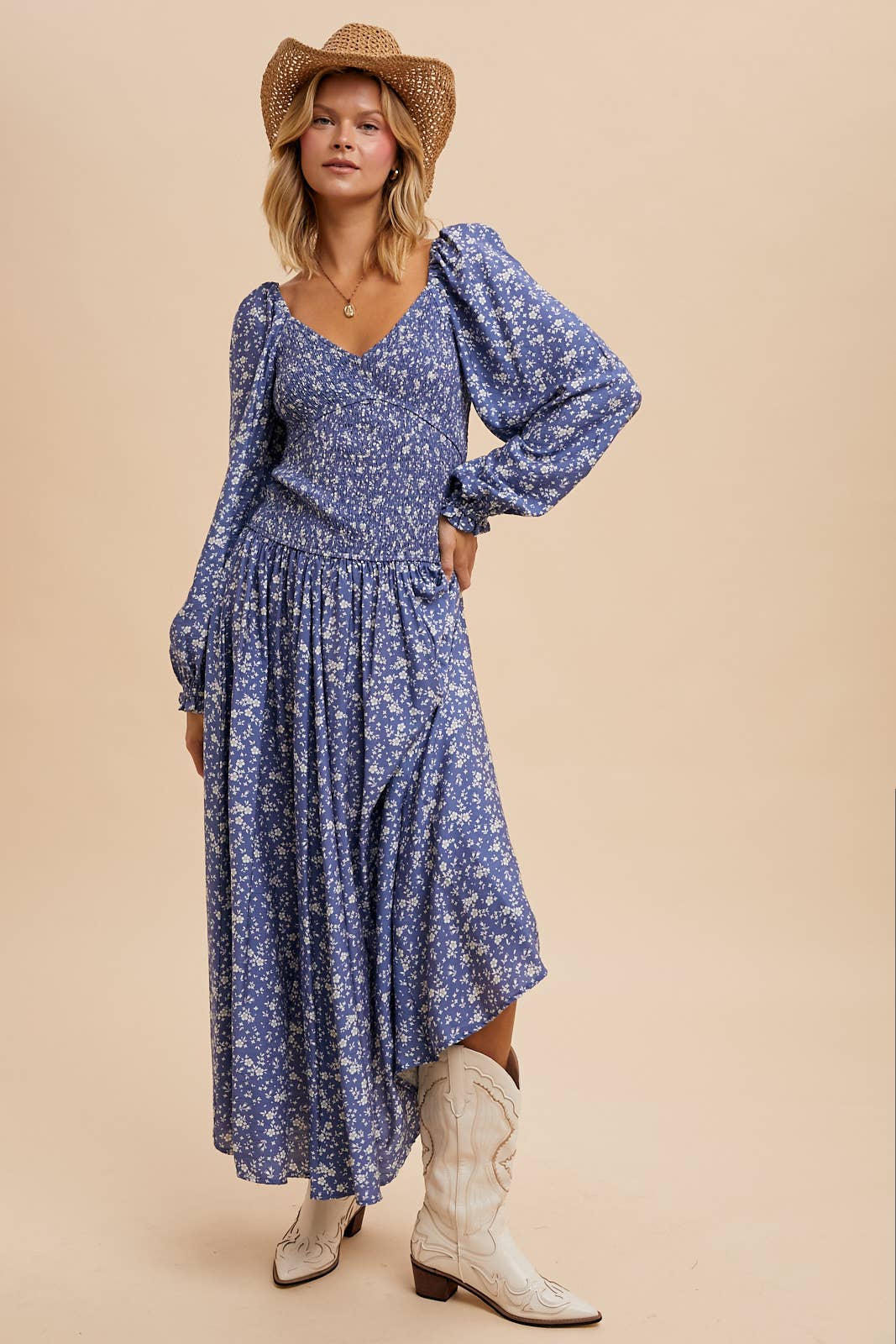 SMOCKED DROPWAIST MAXI DRESS