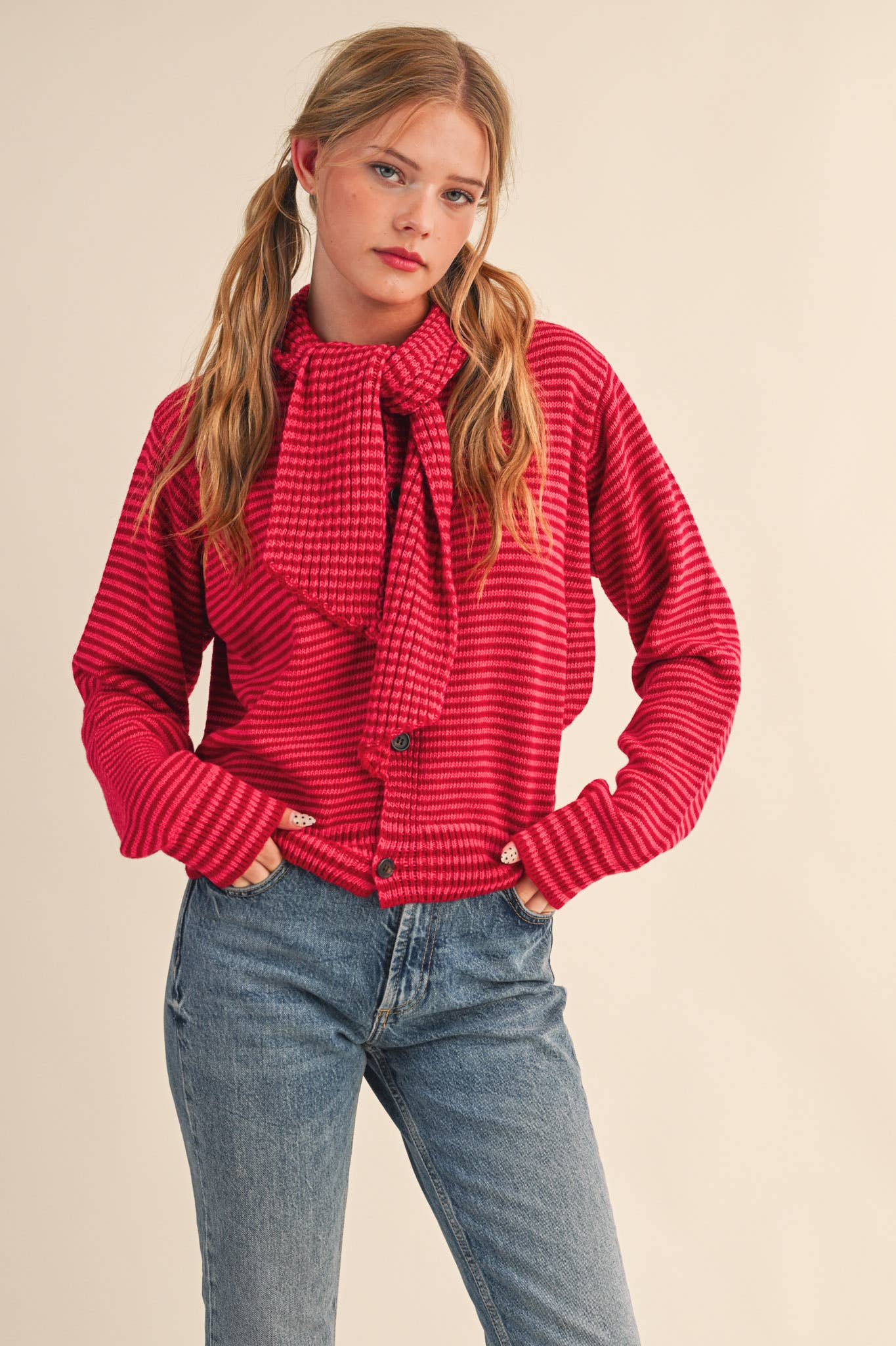 STRIPED TYING NECK SWEATER CARDIGAN MSW11125