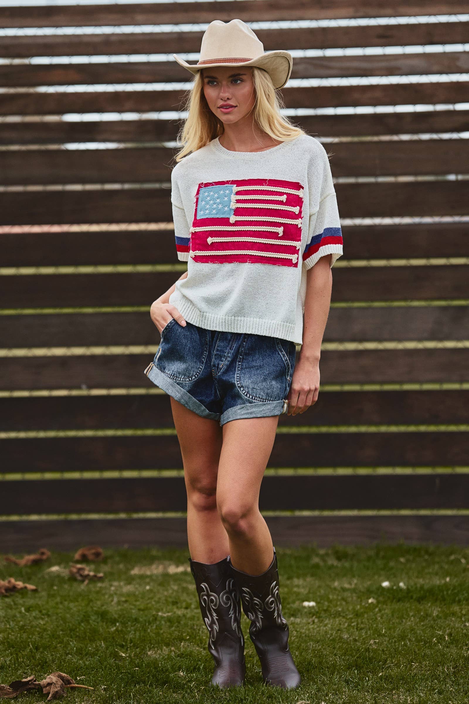 Flag Applique Knit Sweater with Stripe Cuffs