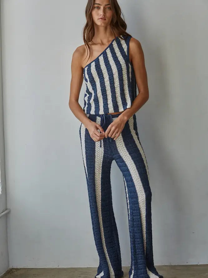 By Together One Shoulder Knit Crop Top - Denim Natural Striped Sweater
