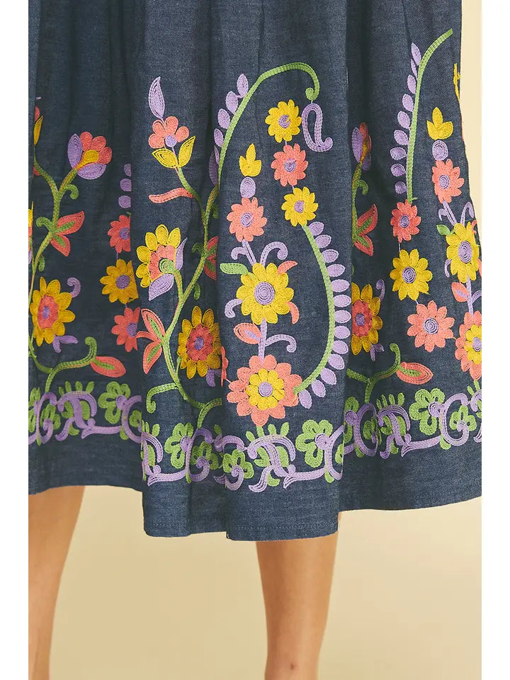 FLARED DENIM SKIRT WITH FLORAL EMBROIDERY