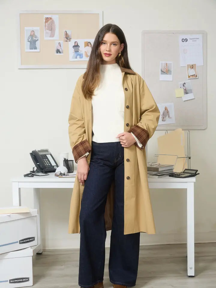 CORDUROY COLLAR PLAID SLEEVE BUTTON DOWN COAT